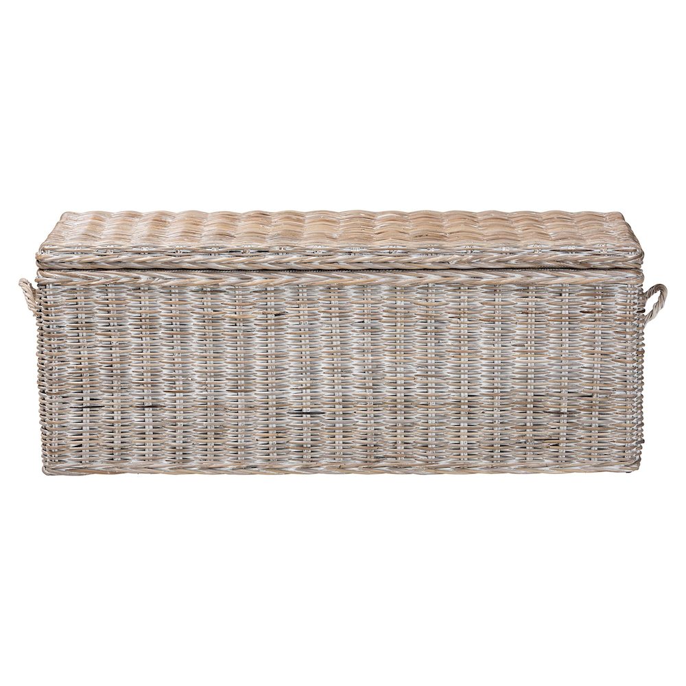 Clarette Whitewashed Rattan Storage Bench - Wicker Trunk with Lift-Top Lid. Picture 3