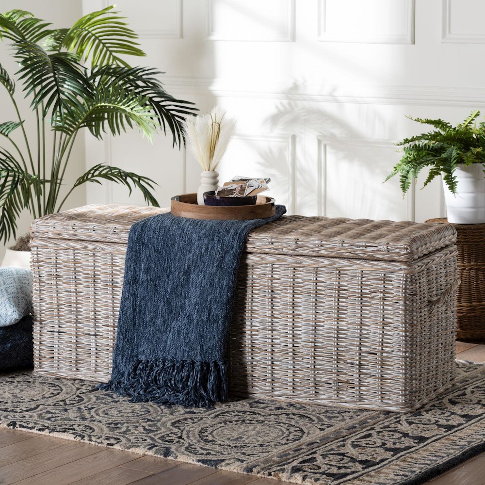 Clarette Whitewashed Rattan Storage Bench - Wicker Trunk with Lift-Top Lid. Picture 8