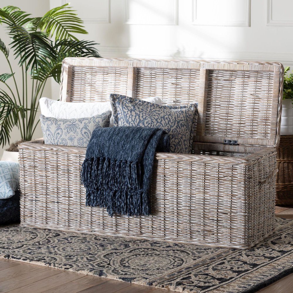 Clarette Whitewashed Rattan Storage Bench - Wicker Trunk with Lift-Top Lid. Picture 9