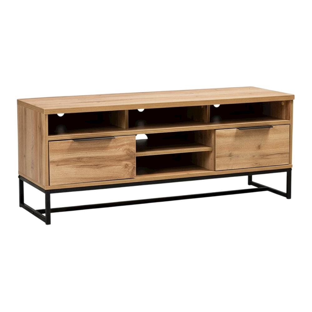 Black Wood and Metal TV Stand with Contemporary Design and 2 Drawers. Picture 1