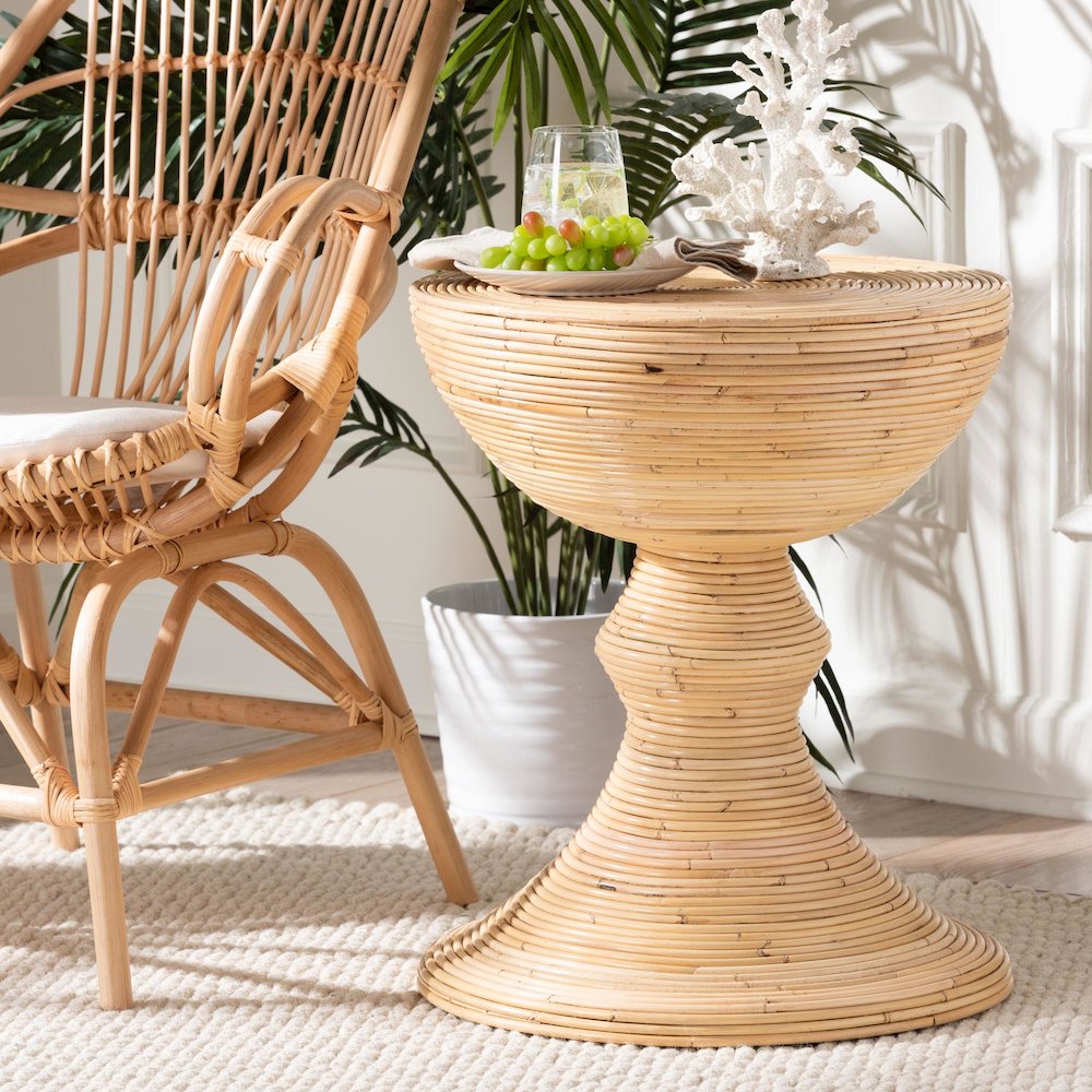 Brookwood Natural Rattan End Table - Wicker Accent Table with Pedestal Base. Picture 6