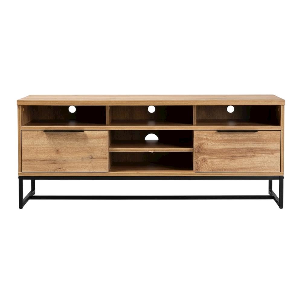 Black Wood and Metal TV Stand with Contemporary Design and 2 Drawers. Picture 4