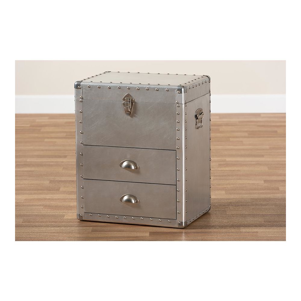 Serge French Industrial Silver Metal 2-Drawer Accent Storage Cabinet. Picture 10