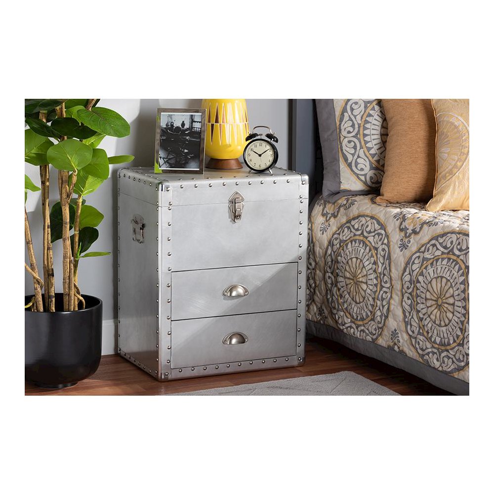 Serge French Industrial Silver Metal 2-Drawer Accent Storage Cabinet. Picture 9