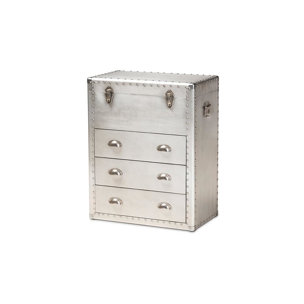 Serge French Industrial Silver Metal 3-Drawer Accent Storage Cabinet. Picture 1