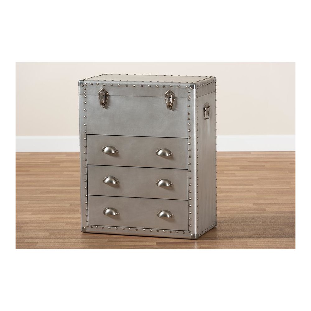 Serge French Industrial Silver Metal 3-Drawer Accent Storage Cabinet. Picture 10