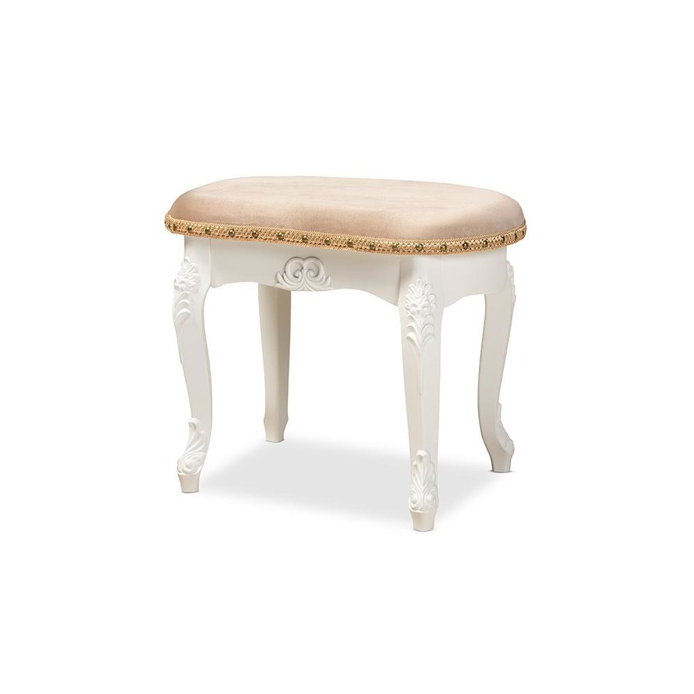 Velvet Fabric Upholstered White-Finished Wood Vanity Ottoman. Picture 1