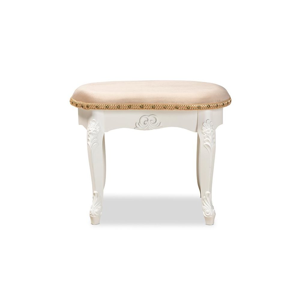 Velvet Fabric Upholstered White-Finished Wood Vanity Ottoman. Picture 2