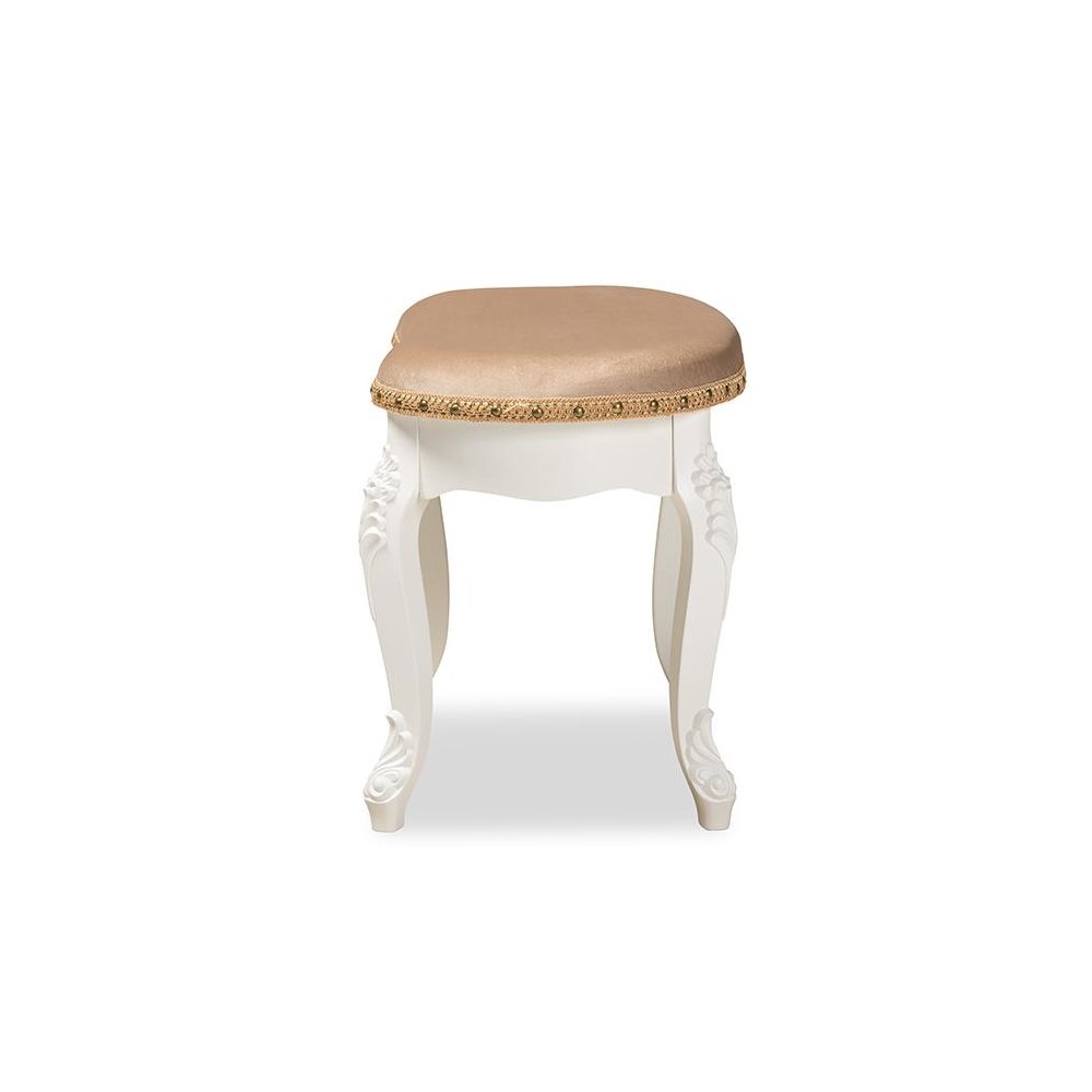 Velvet Fabric Upholstered White-Finished Wood Vanity Ottoman. Picture 3