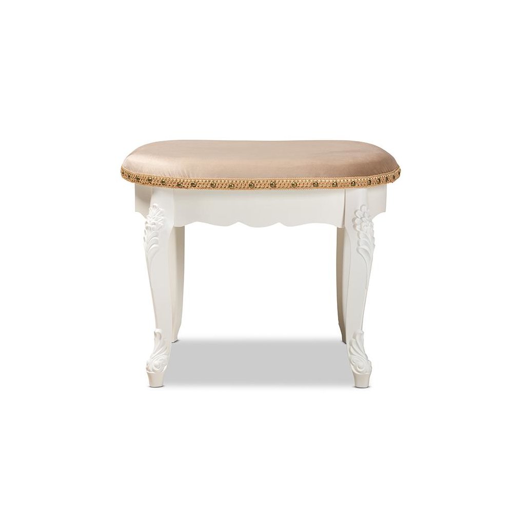 Velvet Fabric Upholstered White-Finished Wood Vanity Ottoman. Picture 4