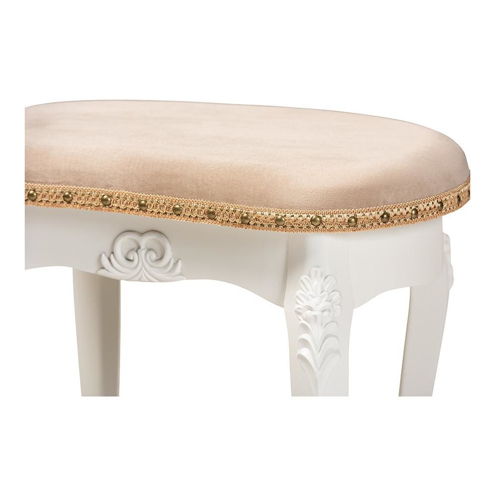 Velvet Fabric Upholstered White-Finished Wood Vanity Ottoman. Picture 5