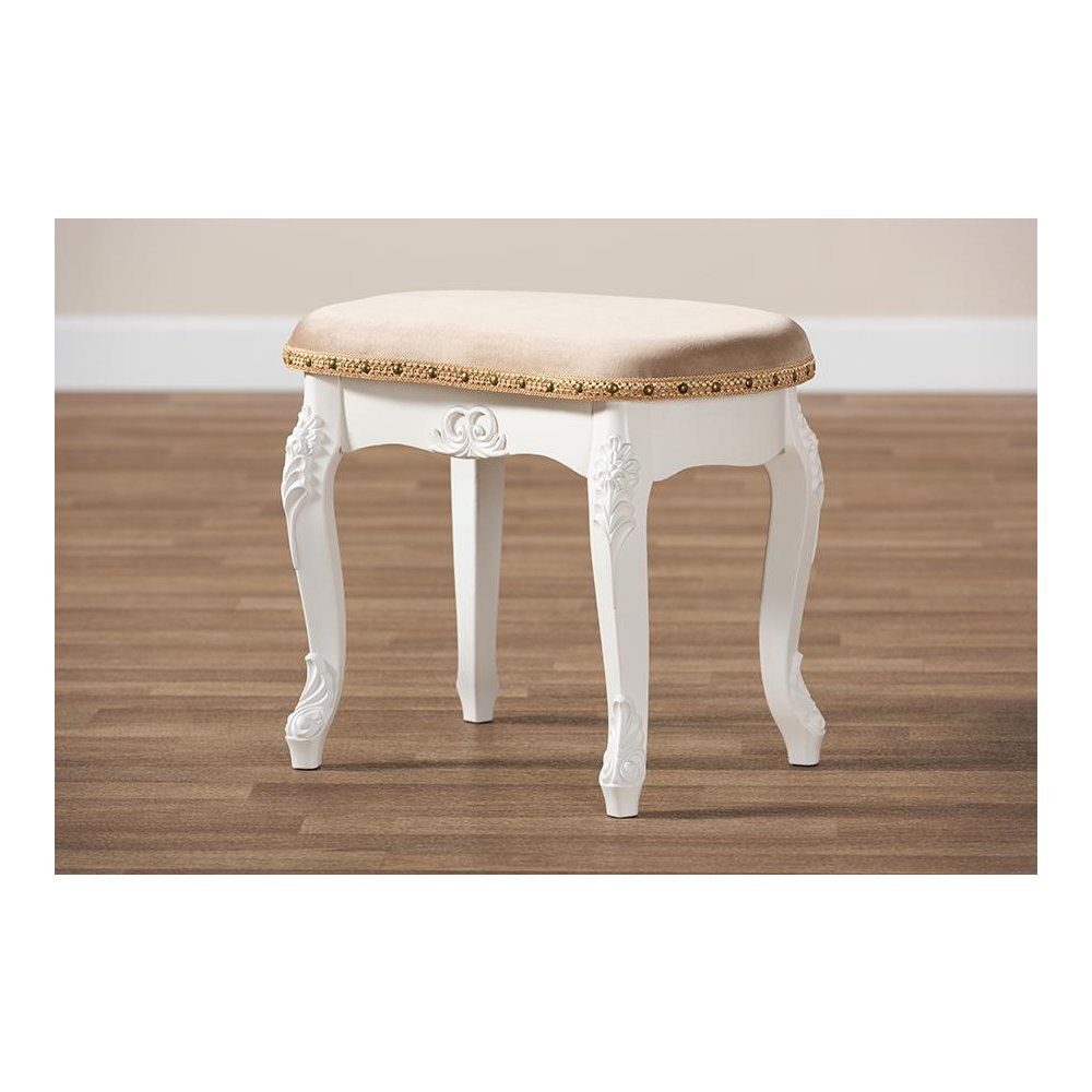 Velvet Fabric Upholstered White-Finished Wood Vanity Ottoman. Picture 8