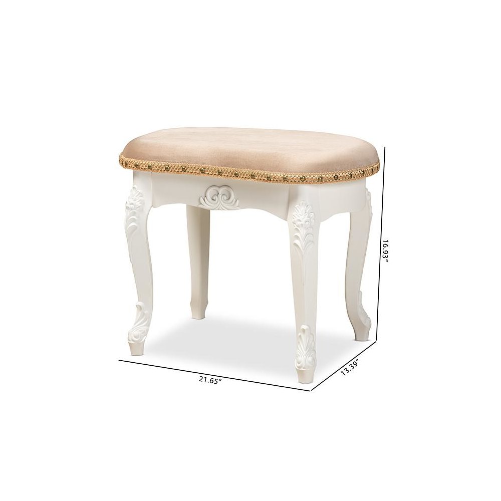 Velvet Fabric Upholstered White-Finished Wood Vanity Ottoman. Picture 9
