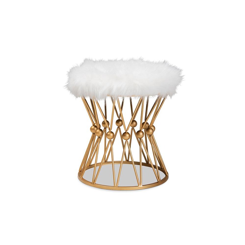 Leonie Glam and Luxe White Faux Fur Upholstered Gold Finished Metal Ottoman. Picture 1