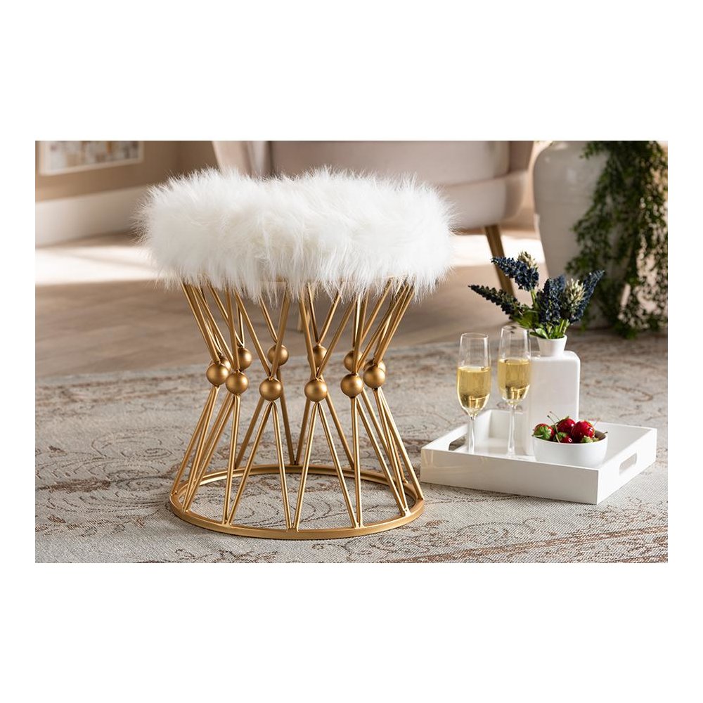 Leonie Glam and Luxe White Faux Fur Upholstered Gold Finished Metal Ottoman. Picture 4