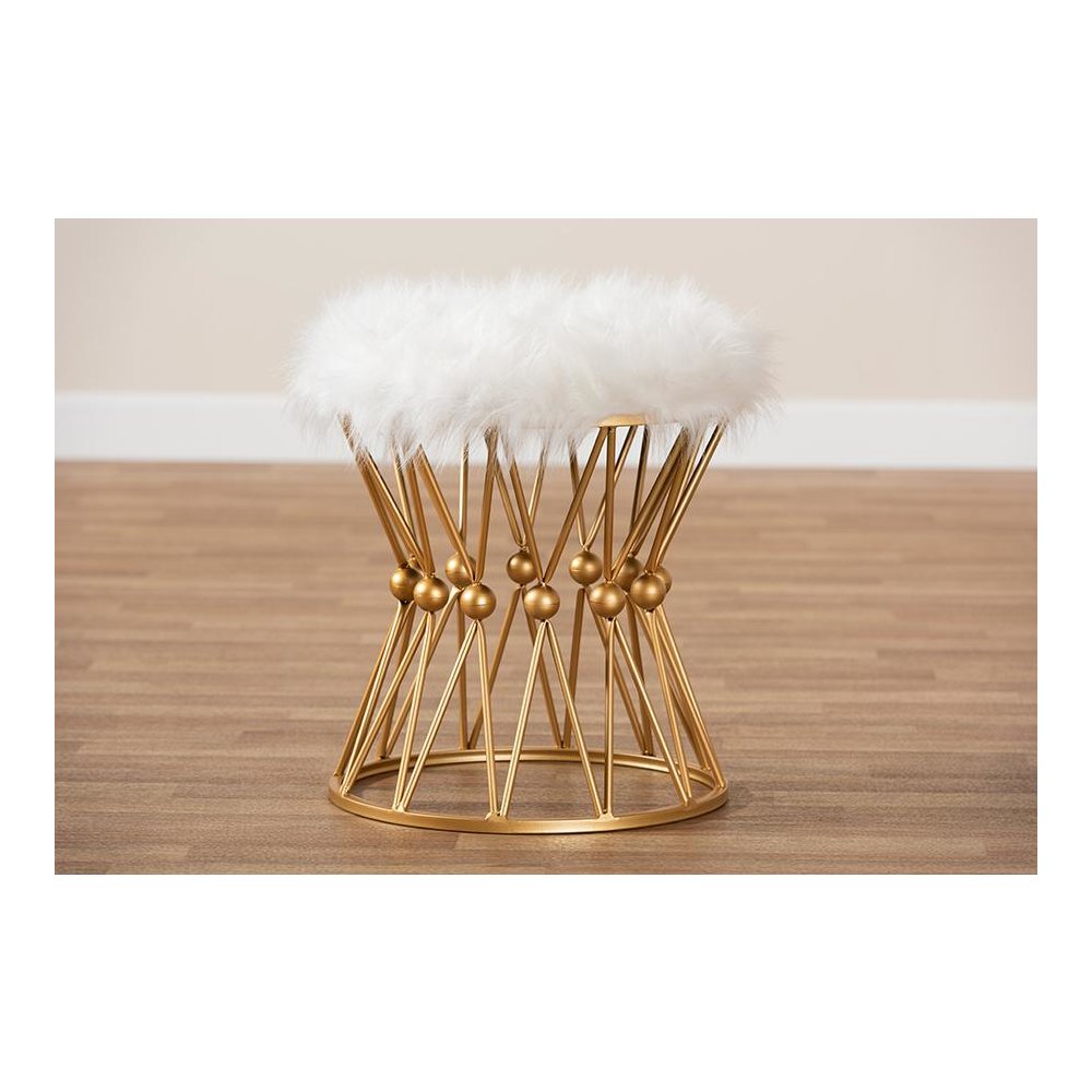Leonie Glam and Luxe White Faux Fur Upholstered Gold Finished Metal Ottoman. Picture 5