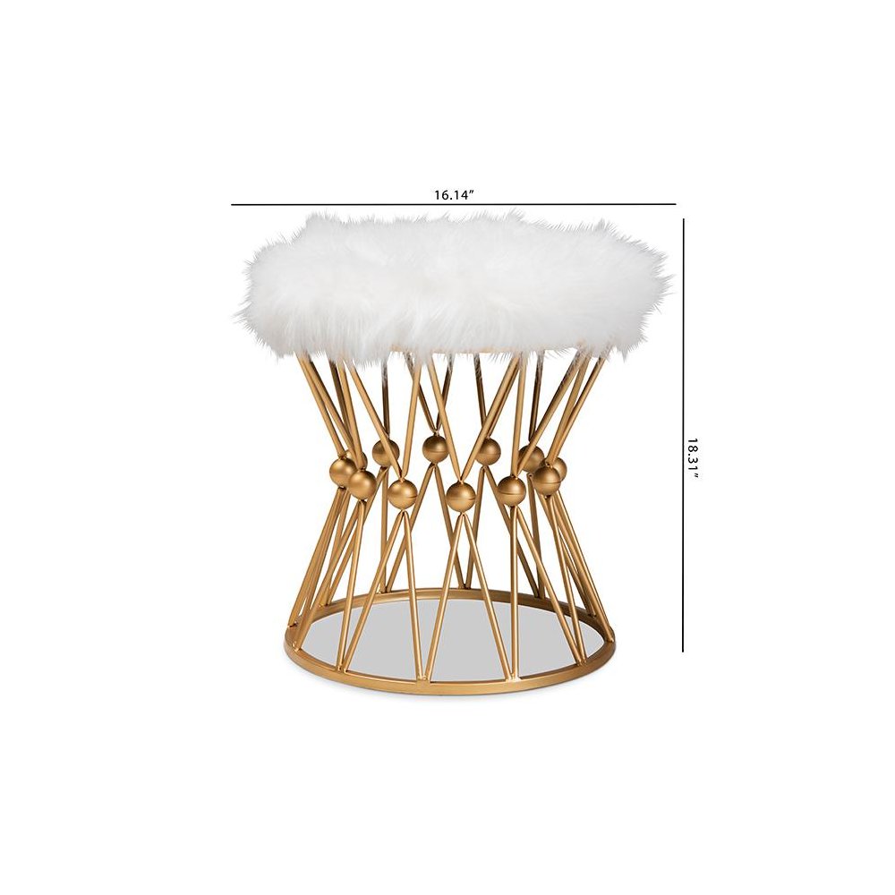 Leonie Glam and Luxe White Faux Fur Upholstered Gold Finished Metal Ottoman. Picture 6