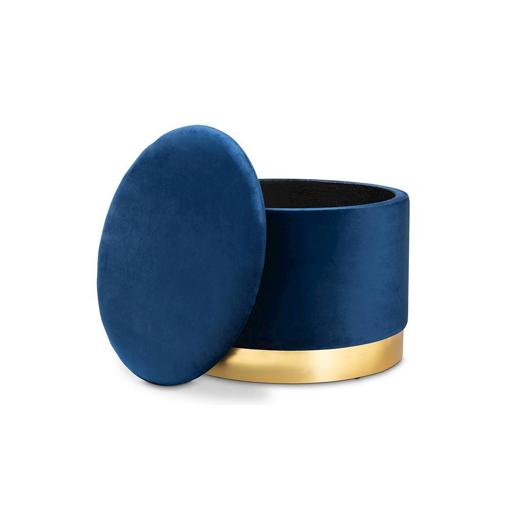 Luxe Navy Blue Velvet Fabric Upholstered Gold Finished Storage Ottoman. Picture 2