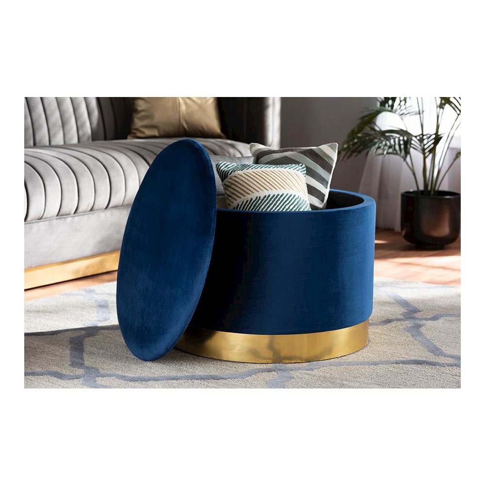 Luxe Navy Blue Velvet Fabric Upholstered Gold Finished Storage Ottoman. Picture 6