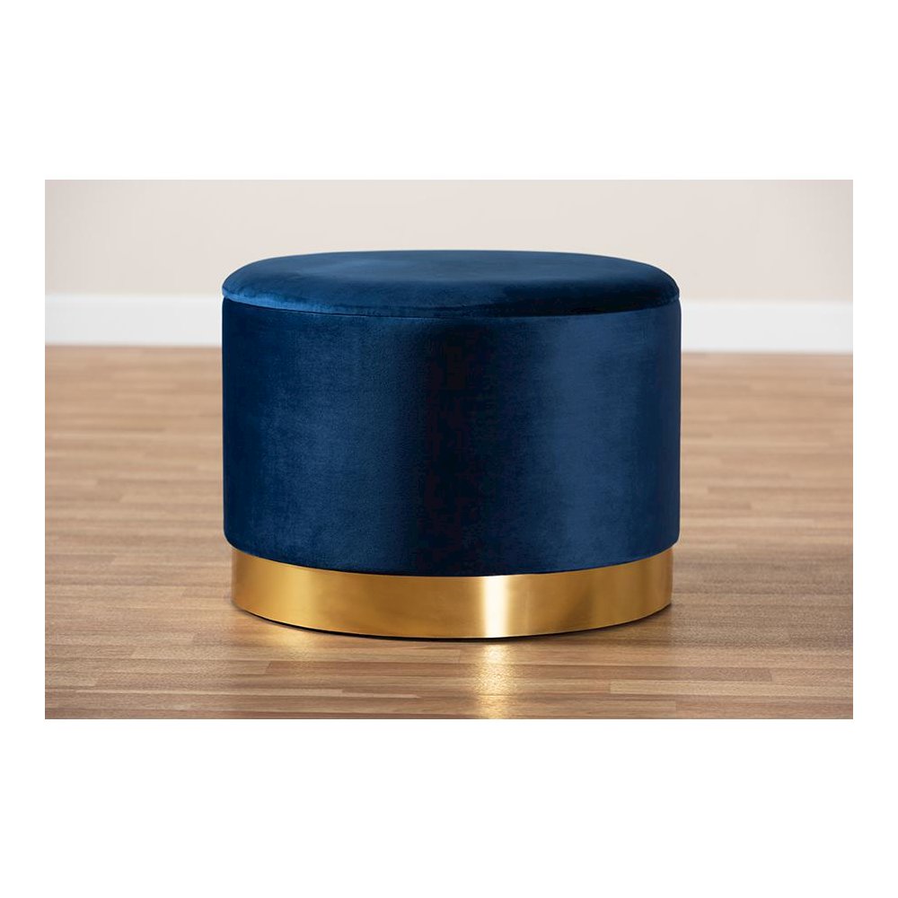 Luxe Navy Blue Velvet Fabric Upholstered Gold Finished Storage Ottoman. Picture 7