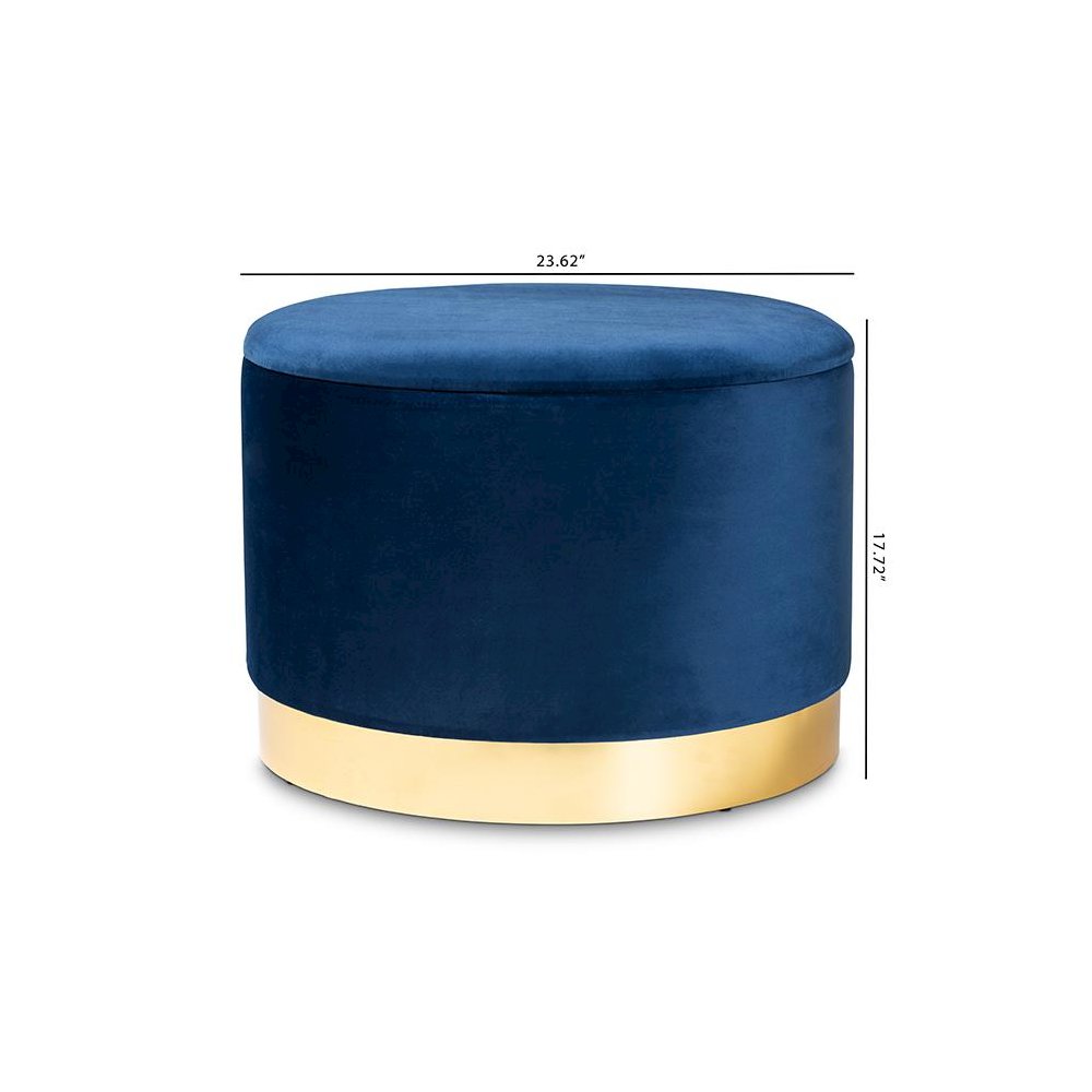 Luxe Navy Blue Velvet Fabric Upholstered Gold Finished Storage Ottoman. Picture 8