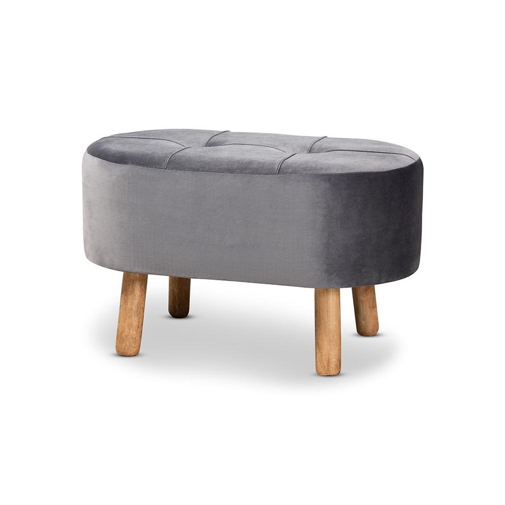 Simone Mid-Century Modern Grey Velvet Fabric Upholstered Wood Ottoman. Picture 1
