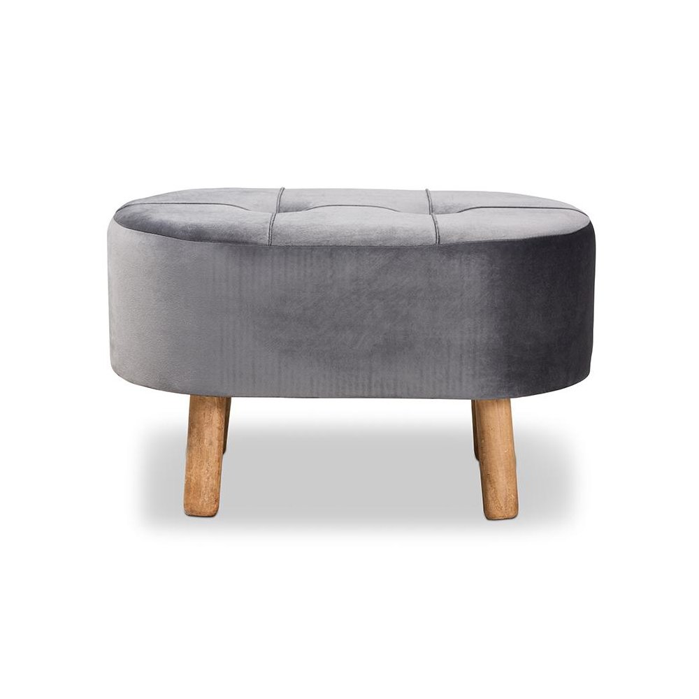 Simone Mid-Century Modern Grey Velvet Fabric Upholstered Wood Ottoman. Picture 2