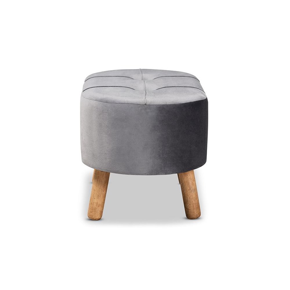 Simone Mid-Century Modern Grey Velvet Fabric Upholstered Wood Ottoman. Picture 3