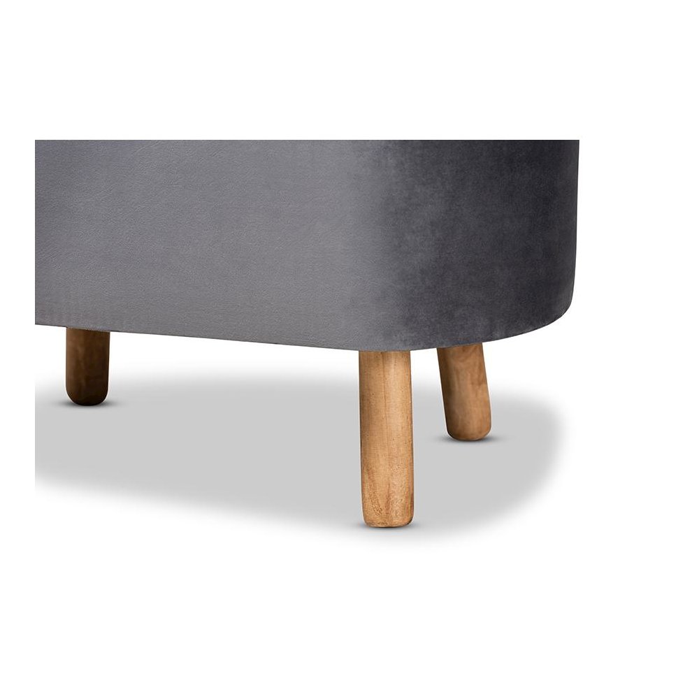 Simone Mid-Century Modern Grey Velvet Fabric Upholstered Wood Ottoman. Picture 5