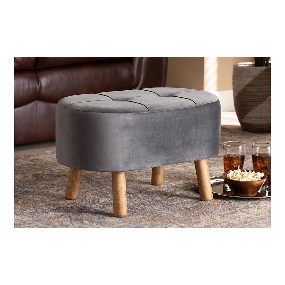 Simone Mid-Century Modern Grey Velvet Fabric Upholstered Wood Ottoman. Picture 6
