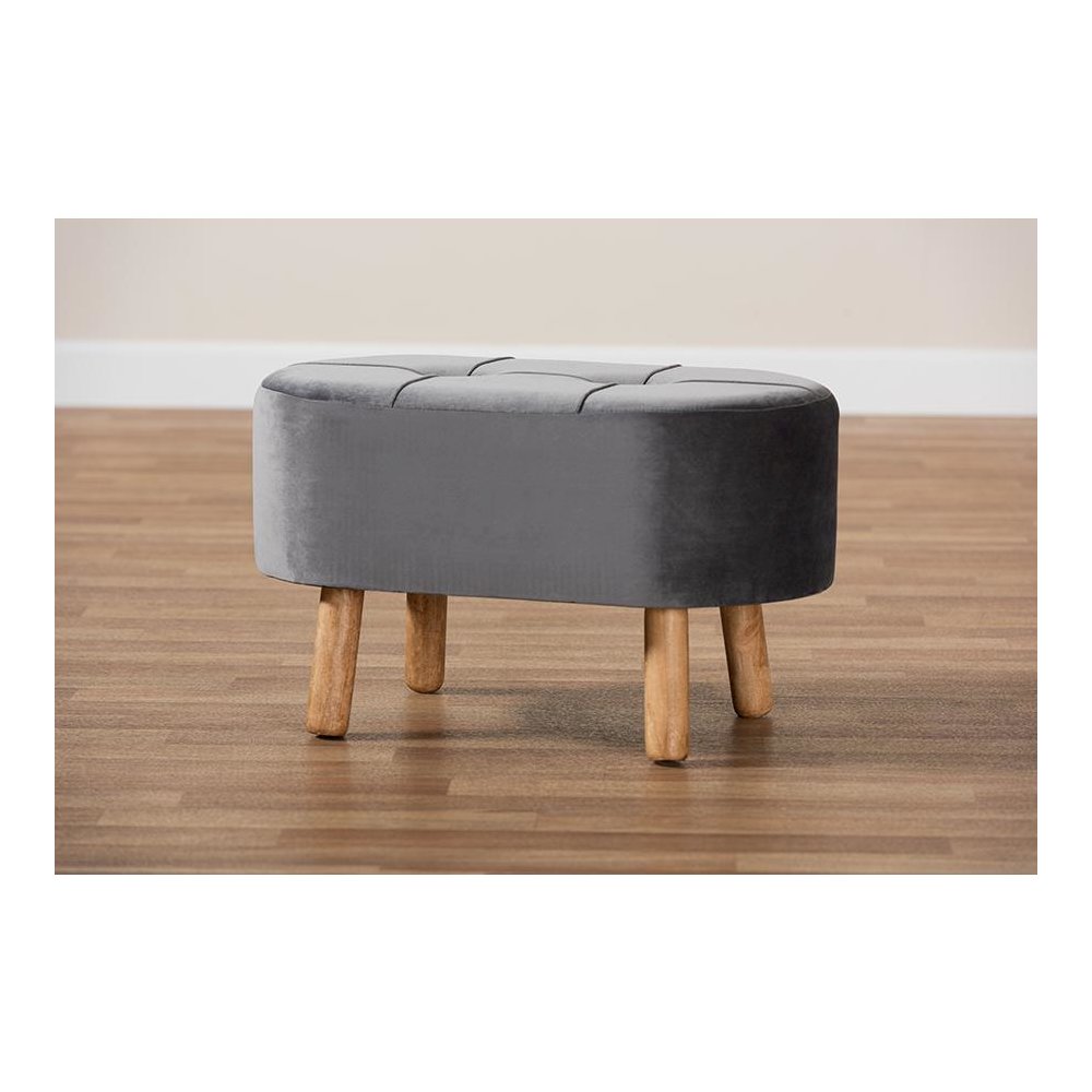 Simone Mid-Century Modern Grey Velvet Fabric Upholstered Wood Ottoman. Picture 7