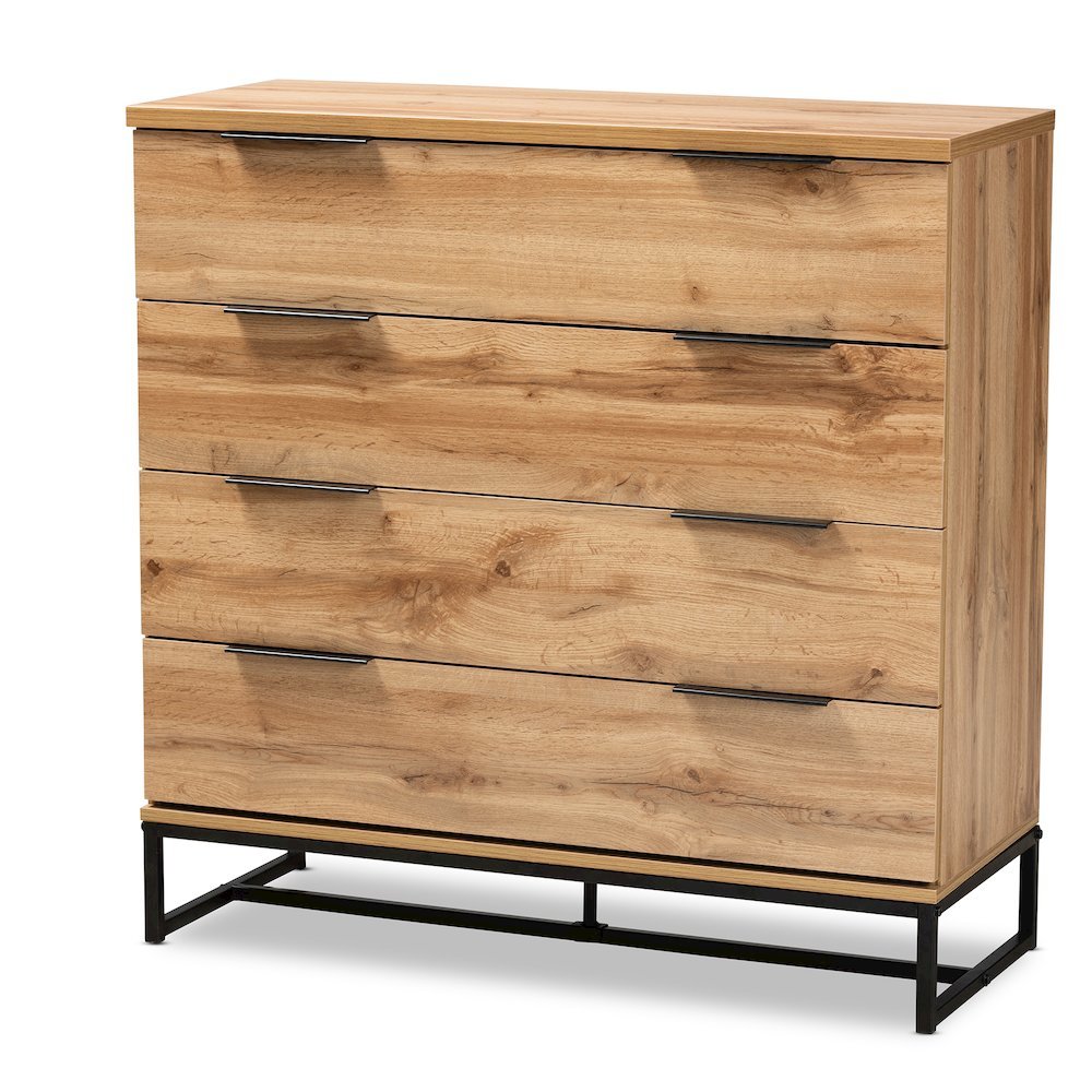 Reid Modern and Contemporary Industrial Oak Finished Wood and Black Metal 4-Drawer Dresser. Picture 1