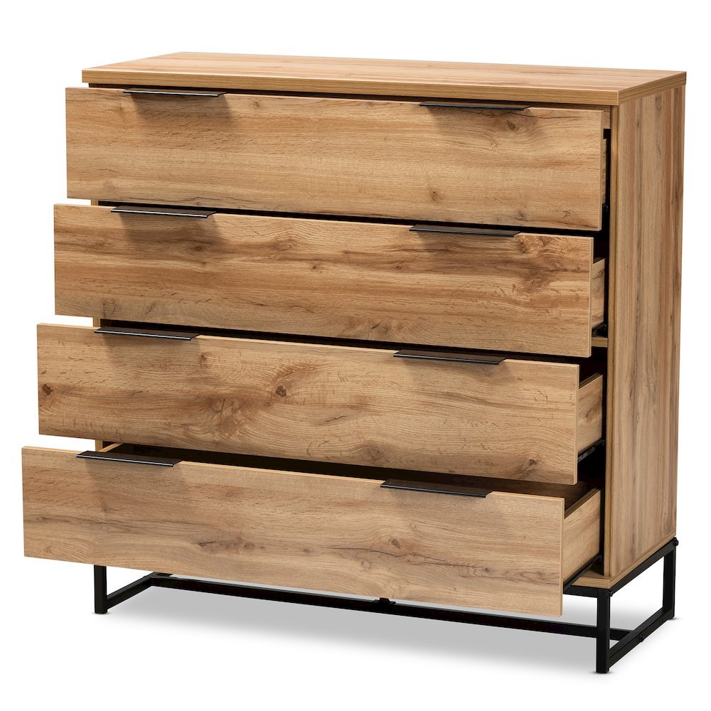 Reid Modern and Contemporary Industrial Oak Finished Wood and Black Metal 4-Drawer Dresser. Picture 2