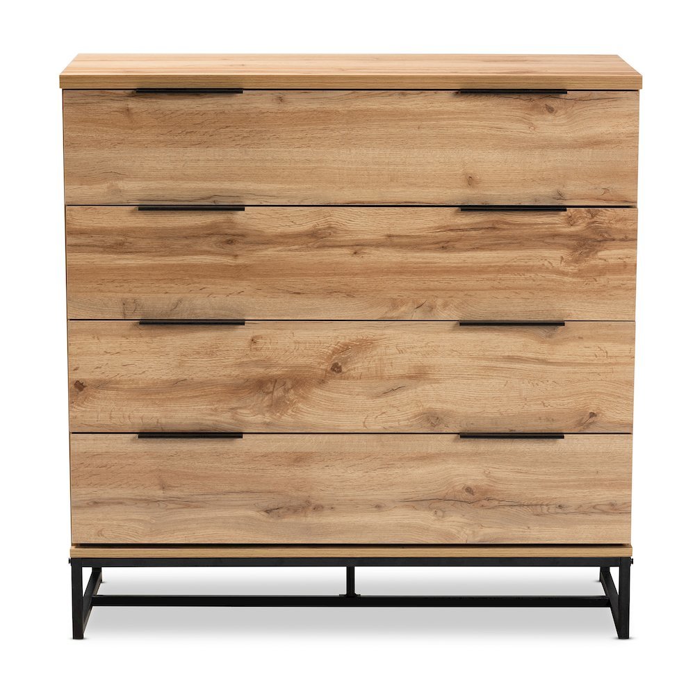 Reid Modern and Contemporary Industrial Oak Finished Wood and Black Metal 4-Drawer Dresser. Picture 3
