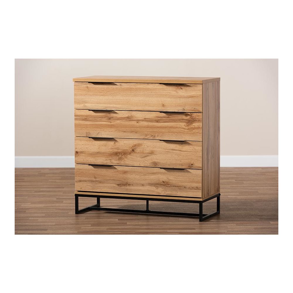 Reid Modern and Contemporary Industrial Oak Finished Wood and Black Metal 4-Drawer Dresser. Picture 8