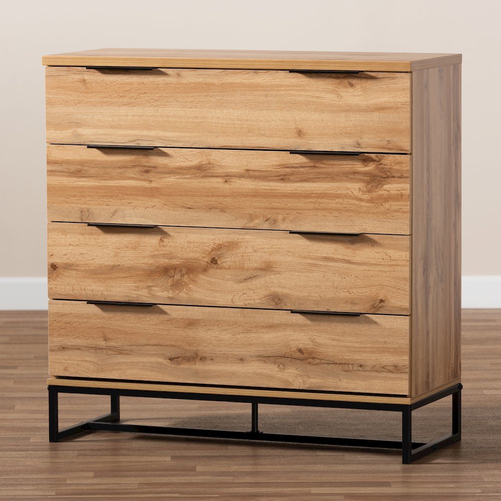 Reid Modern and Contemporary Industrial Oak Finished Wood and Black Metal 4-Drawer Dresser. Picture 9