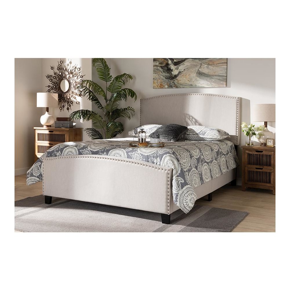 Morgan Modern Transitional Beige Fabric Upholstered King Size Panel Bed. Picture 6