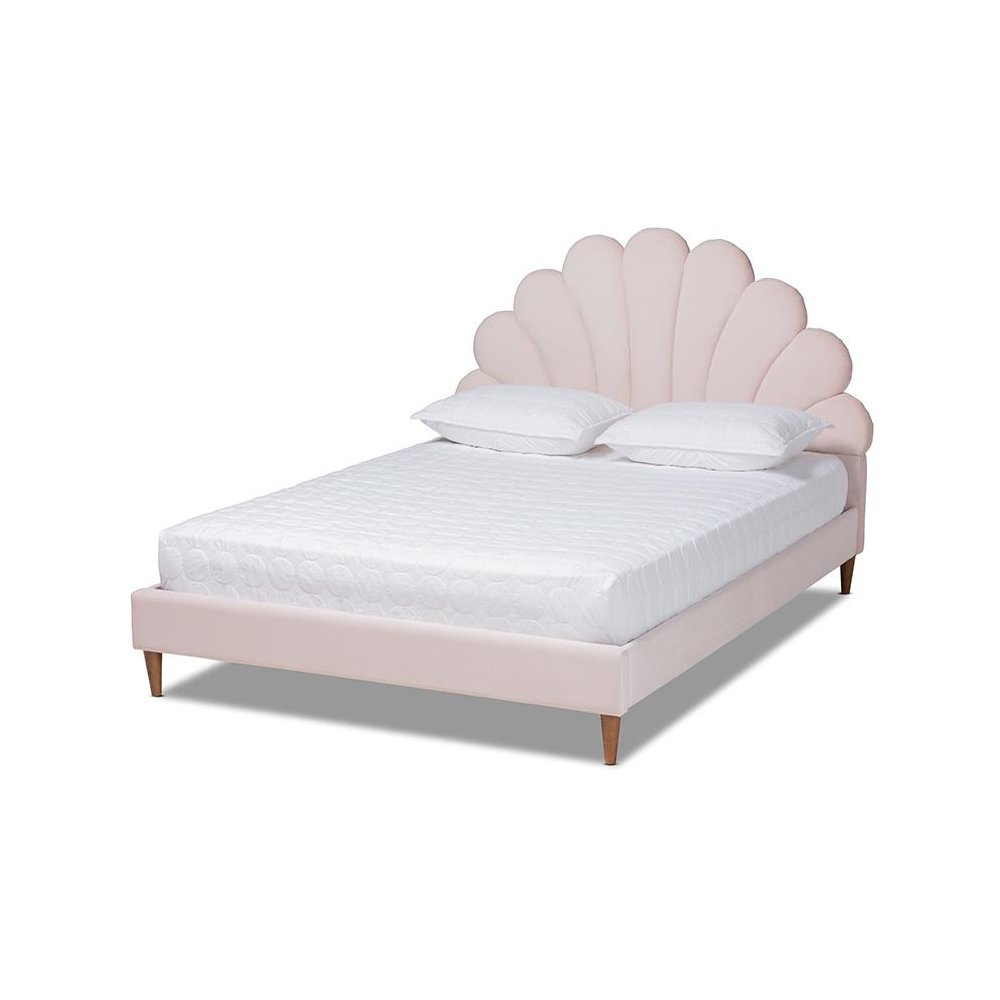 Walnut Brown Finished Wood Queen Size Seashell Shaped Platform Bed. Picture 1