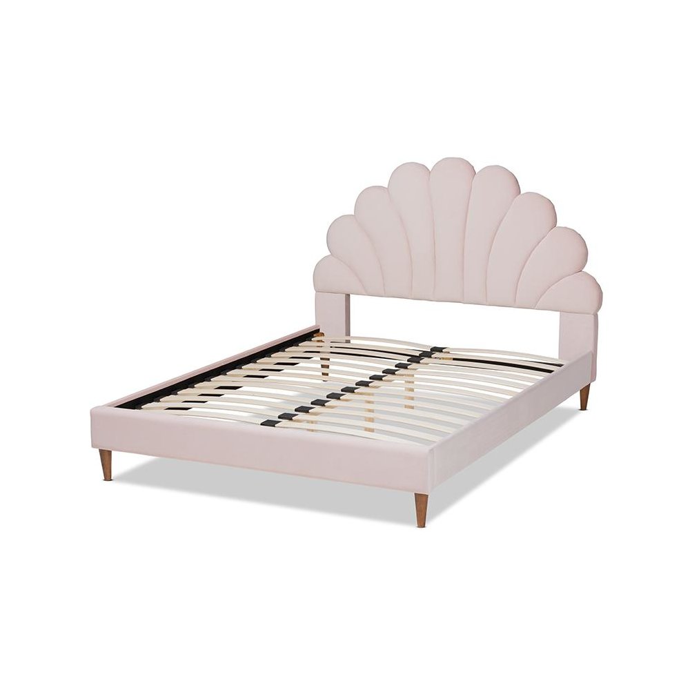 Walnut Brown Finished Wood Queen Size Seashell Shaped Platform Bed. Picture 3