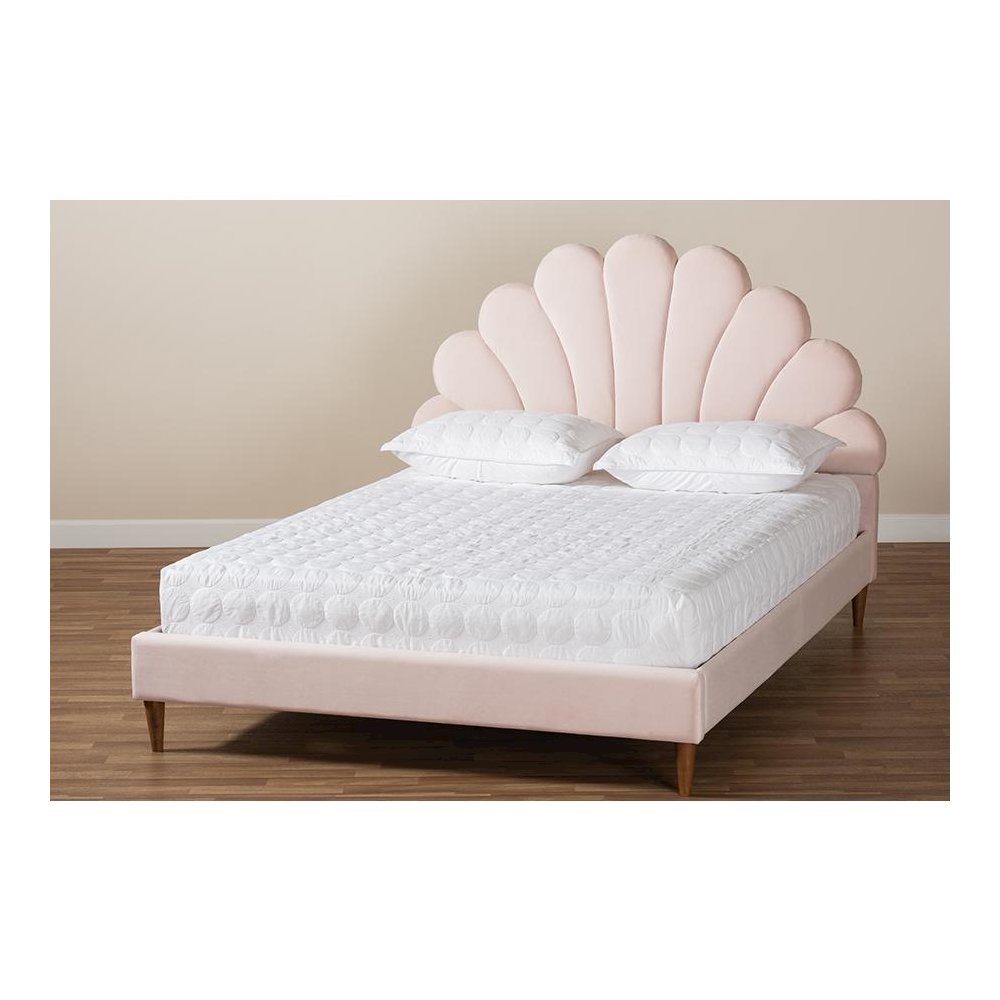 Walnut Brown Finished Wood Queen Size Seashell Shaped Platform Bed. Picture 7