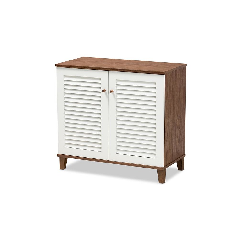 White and Walnut Finished 4-Shelf Wood Shoe Storage Cabinet. Picture 1