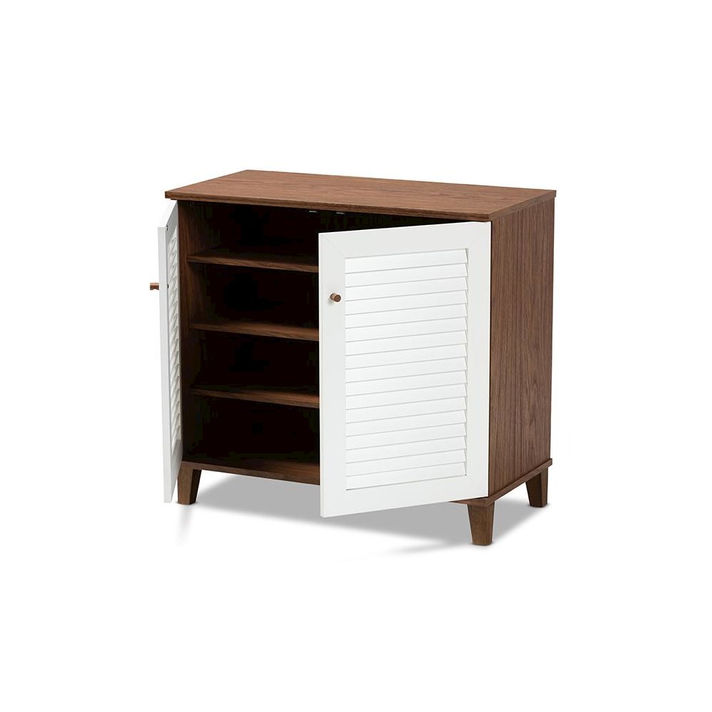 White and Walnut Finished 4-Shelf Wood Shoe Storage Cabinet. Picture 2