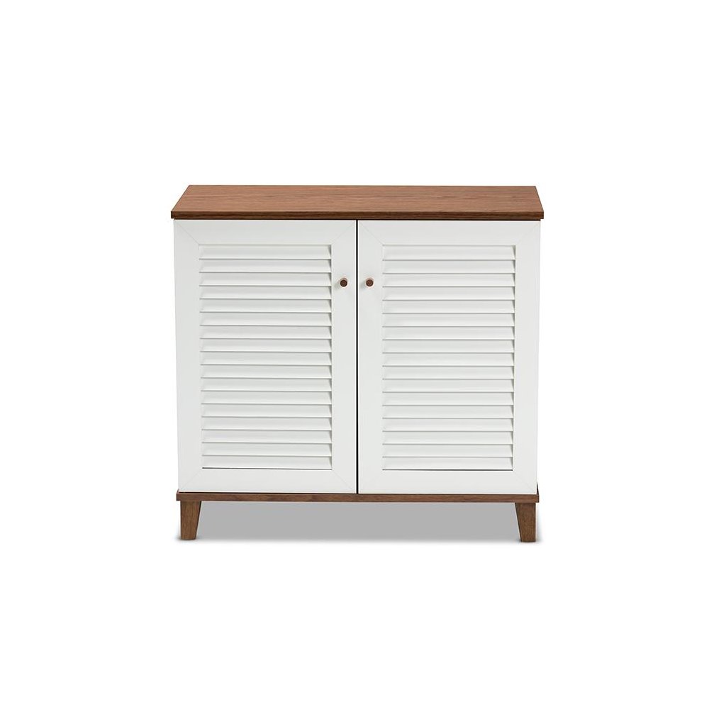 White and Walnut Finished 4-Shelf Wood Shoe Storage Cabinet. Picture 3