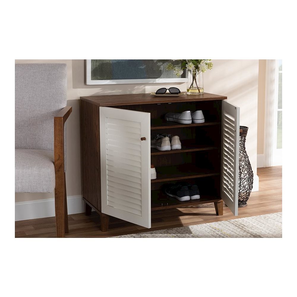 White and Walnut Finished 4-Shelf Wood Shoe Storage Cabinet. Picture 8