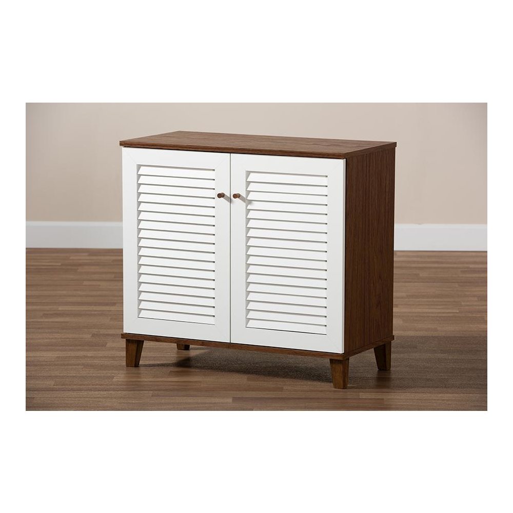 White and Walnut Finished 4-Shelf Wood Shoe Storage Cabinet. Picture 9