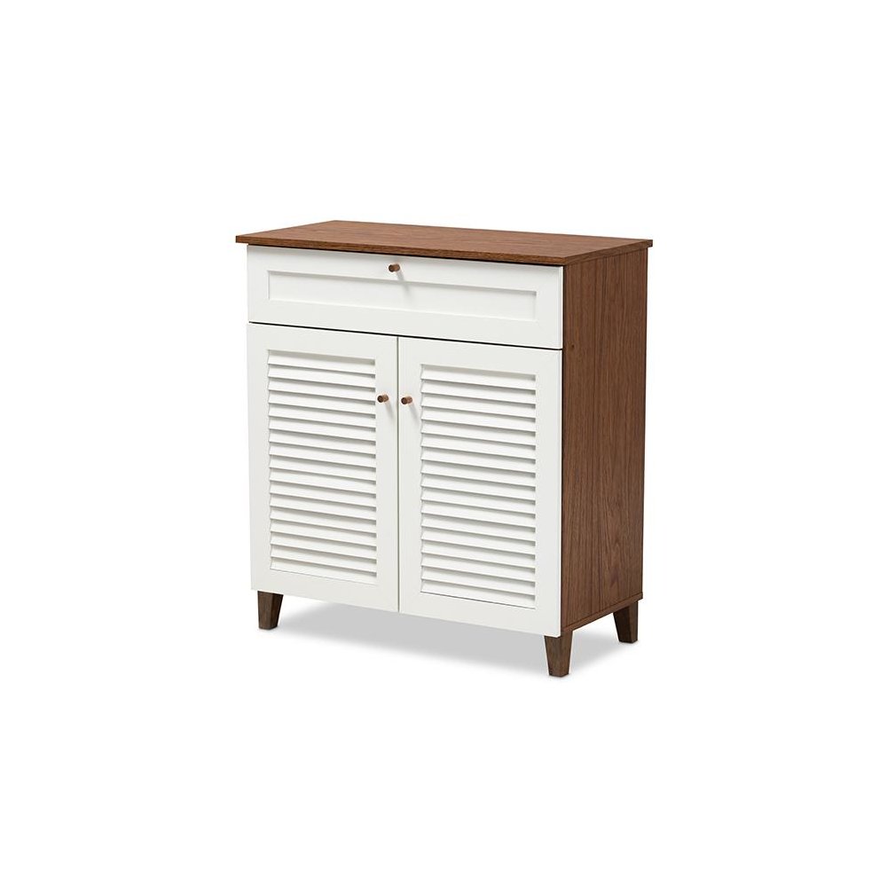 White and Walnut Finished 4-Shelf Wood Shoe Storage Cabinet with Drawer. Picture 1