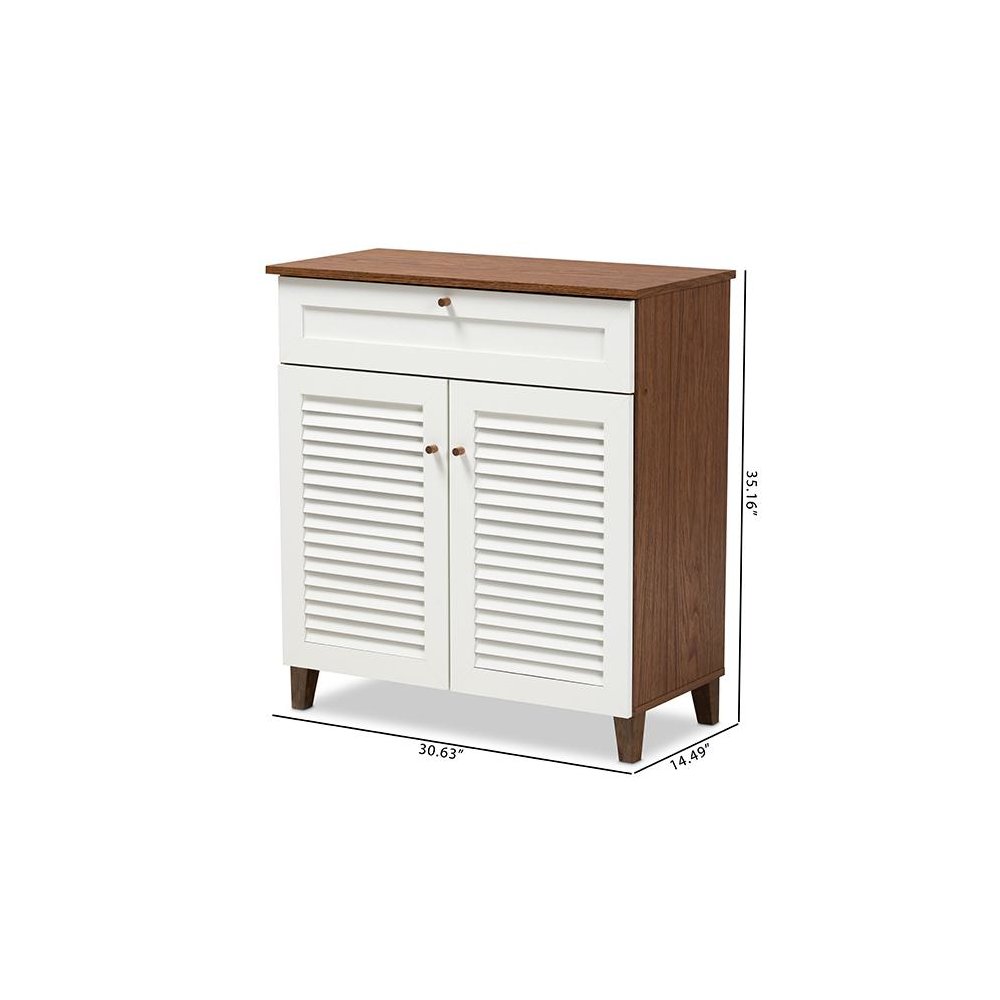 White and Walnut Finished 4-Shelf Wood Shoe Storage Cabinet with Drawer. Picture 10