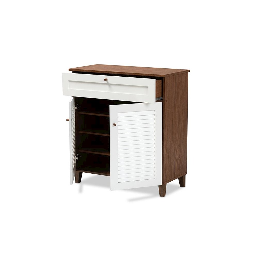 White and Walnut Finished 4-Shelf Wood Shoe Storage Cabinet with Drawer. Picture 2