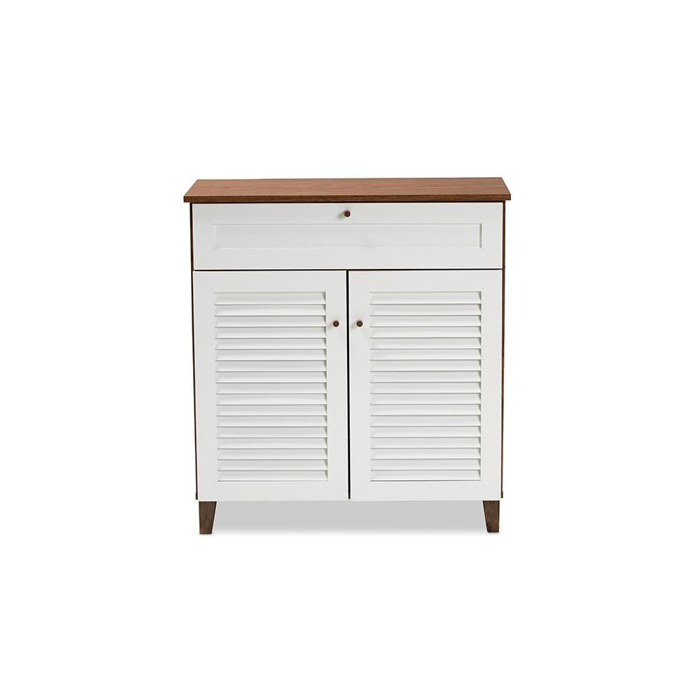 White and Walnut Finished 4-Shelf Wood Shoe Storage Cabinet with Drawer. Picture 3