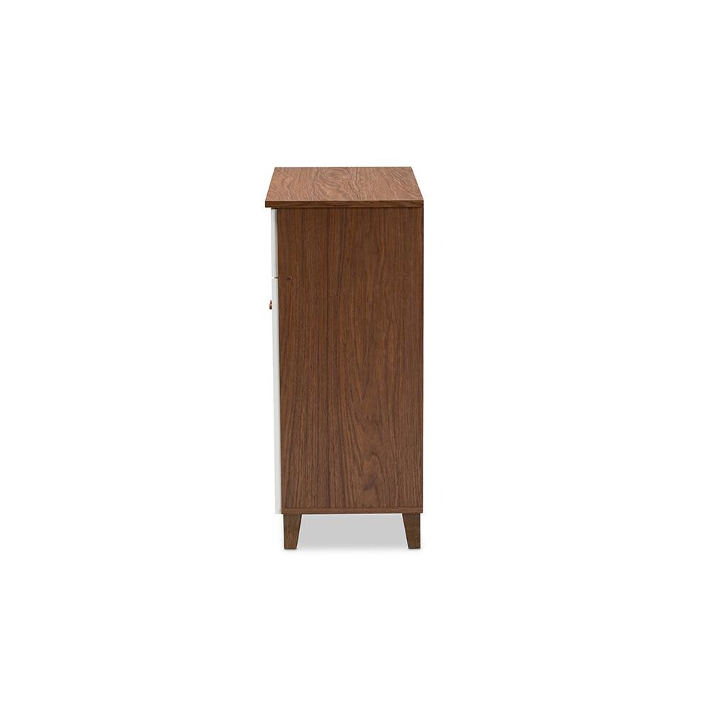 White and Walnut Finished 4-Shelf Wood Shoe Storage Cabinet with Drawer. Picture 4